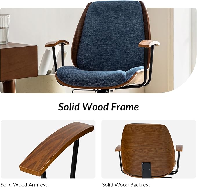 HULALA HOME Solid Wood Office Chair with Rocking Function, Comfy Fabric Desk Chair with Bent Wood and Metal Base, Height Adjustable Swivel Computer Task Chair, Navy