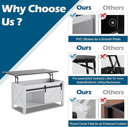 VINGLI White Charcoal Lift Top Coffee Table, 36" Small Farmhouse Barn Door Coffee Table with Storage, Rectangular Center Wood Coffe Table with Lifting Top, Living Room Tables with Hidden Compartment