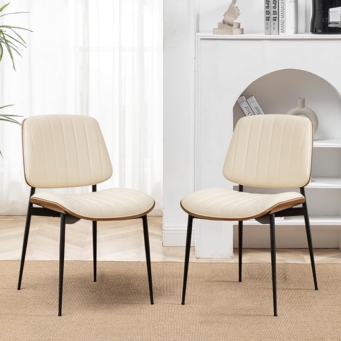 LUNLING Dining Room Chairs Set of 2 Mid Century Modern Retro Beige Faux Leather Chair with Walnut Bentwood Upholstered Seat Metal Legs Kitchen Chairs Adjustable Foot for Kitchen Dining Room