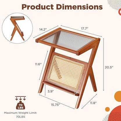 Rattan Side Table Set of 2, Rattan End Table Z-Shaped Boho Nightstand with Glass-top, Accent and Coffee Table for Bedroom Living Room Small Space