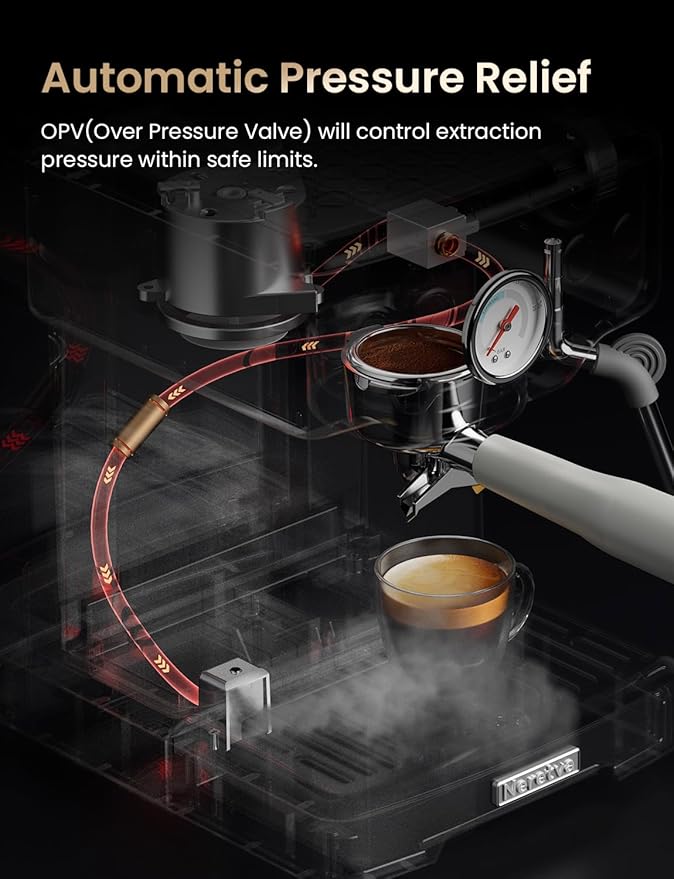 Neretva Espresso Machine, 15 Bar Espresso Coffee Machine with Visible Pressure Guage Professional Espresso Maker with Milk Frother & Stainless Steel for Home Barista Latte and Cappuccino Maker - White