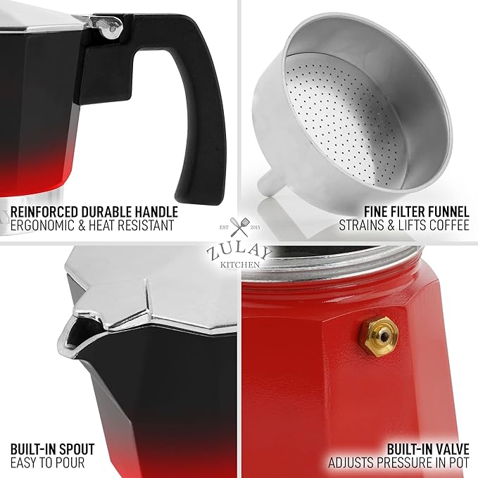 Zulay Classic Stovetop Espresso Maker for Great Flavored Strong Espresso, Classic Italian Style 3 Espresso Cup Moka Pot, Makes Delicious Coffee, Easy to Operate & Quick Cleanup Pot (Red/Black)