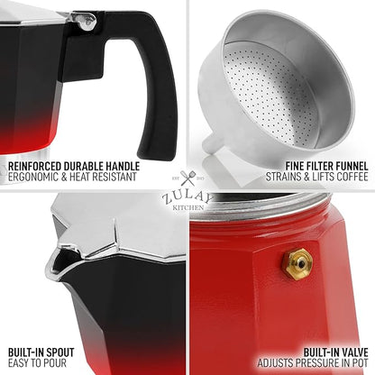 Zulay Classic Stovetop Espresso Maker for Great Flavored Strong Espresso, Classic Italian Style 3 Espresso Cup Moka Pot, Makes Delicious Coffee, Easy to Operate & Quick Cleanup Pot (Red/Black)