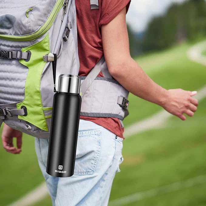 Insulated vacuum Thermo Bottle 750ml/25.4oz with cup Stainless steel coffee bottles for hot and cold drink water flask.(Black,750ml)