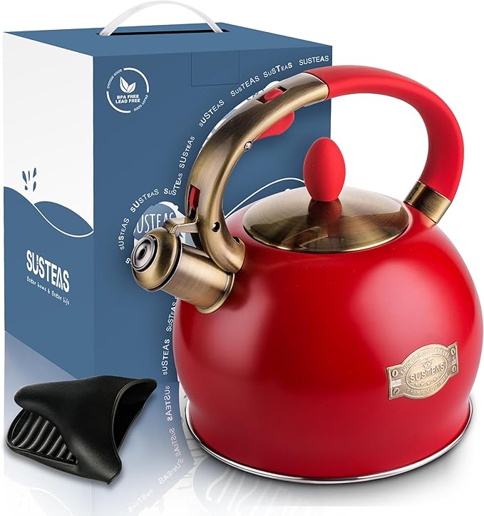 SUSTEAS Stove Top Whistling Tea Kettle - Food Grade Stainless Steel Teakettle Teapot with Cool Touch Ergonomic Handle, With 1 Silicone Pinch Mitt Included, 2.64 Quart(RED)