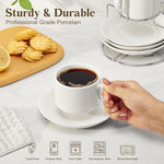 Load image into Gallery viewer, 8 Ounce Porcelain Cappuccino Cups with Saucers and Stainless Steel Stand, Stackable Espresso Cups Set of 4, White Ceramic Coffee Mugs for Home, Office, Cafe or Gift