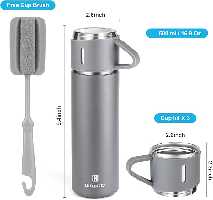 Stainless Steel Thermo 500ml/16.9oz Vacuum Insulated Bottle with Cup for Coffee Hot drink and Cold drink water flask.(Gray,Set)