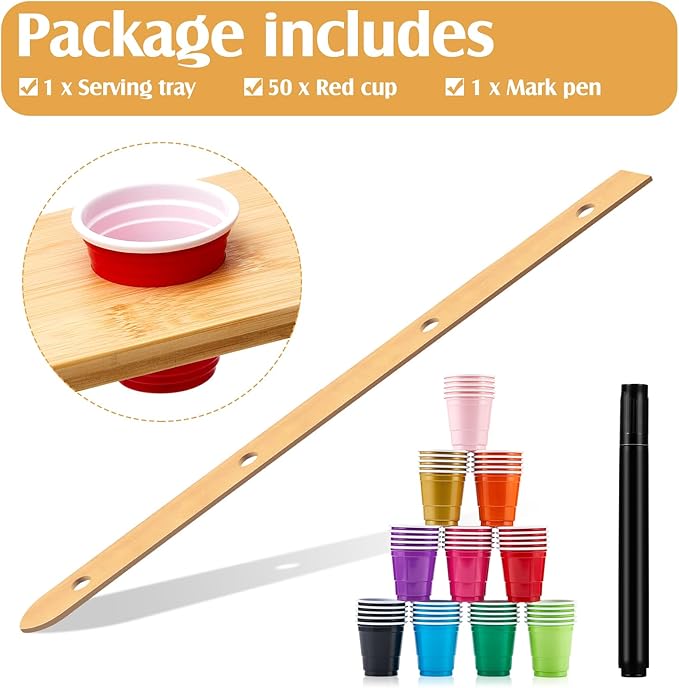 4 Person shot ski Board 57'' x 3.9'' Vintage Wooden Board with 50 Plastic Shot Glasses and 1 Marker Pen Rustic Retro Ski for Gathering Birthday Party Wedding(Natural Color)