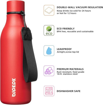 BJPKPK Insulated Water Bottles, 18 oz Stainless Steel Metal Water Bottle with Strap, BPA Free Leak Proof Jugs, Mugs, Flasks, Reusable Thermal Flasks for Sports & Travel, Red