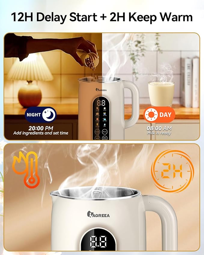 IAGREEA 8 in 1 Nut Milk Maker Machine Stainless Steel Lid BPA Free for Homemade Almond/Oat/Soymilk, 35 oz(1L) Almond Milk Maker Machine with 8 Mins Self-Cleaning, 2 hrs Keep Warm, 750W Stirring Power