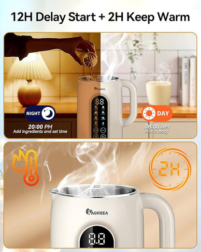 IAGREEA 8 in 1 Nut Milk Maker Machine Stainless Steel Lid BPA Free for Homemade Almond/Oat/Soymilk, 35 oz(1L) Almond Milk Maker Machine with 8 Mins Self-Cleaning, 2 hrs Keep Warm, 750W Stirring Power