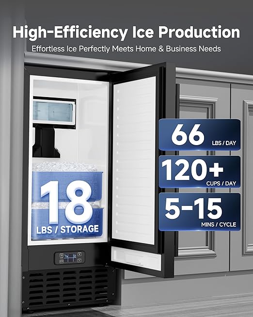 Commercial Ice Machine, Under Counter Ice Maker 66 Lb/Day, Built-in Freestanding Nugget Ice Maker with 2-Drawer Ice Baskets, Auto-Cleaning & 24H Timer, for Commercial & Home Use(Black)