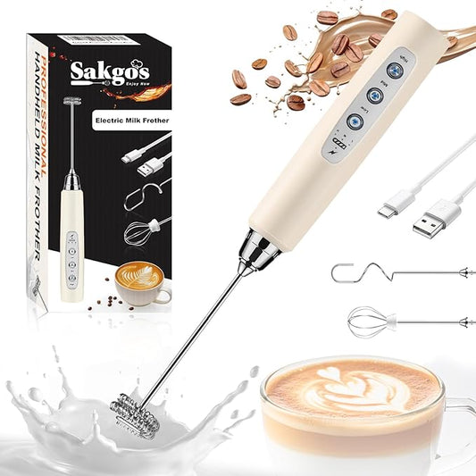 Milk Frother Rechargeable Handheld for Coffee-Drink Mixer 3 Speed Adjustable, Frother Wand with 3 Stainless Whisks, Electric Foam Maker, Electric Whisk for Latte Cappuccino Matcha Egg