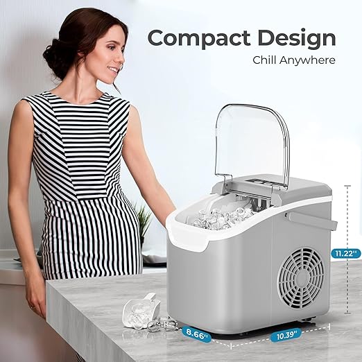 Countertop Ice Maker Machine, 8 Ice Cubes in 6 mins, 26lb/Day Bullet Ice with 2 Sizes- Portable Mini, Energy Saving & Basket/Scoop for Home/Party/Travel/Camping/Bar,Grey