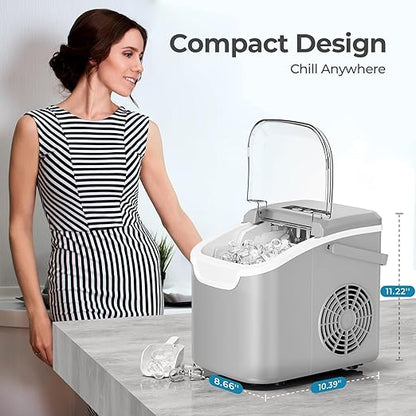 Countertop Ice Maker Machine, 8 Ice Cubes in 6 mins, 26lb/Day Bullet Ice with 2 Sizes- Portable Mini, Energy Saving & Basket/Scoop for Home/Party/Travel/Camping/Bar,Grey