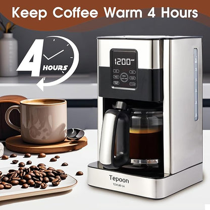 Coffee Maker, 12-Cup Glass Carafe, Programmable, Touch Screen, Keep Hot Plate,Reusable Filter, Stainless Steel