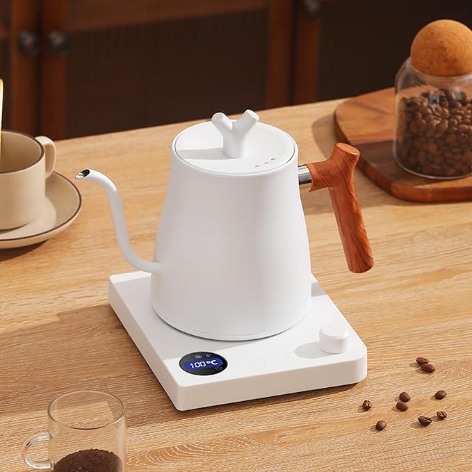 [UPGRADED] Gooseneck Electric Kettle, 1L Stainless Steel, Wooden Handle Electric Kettle, Auto Shut-Off,Precise Temperature Control for Pour Over,Hot water, Coffee & Tea| US Versioin| White