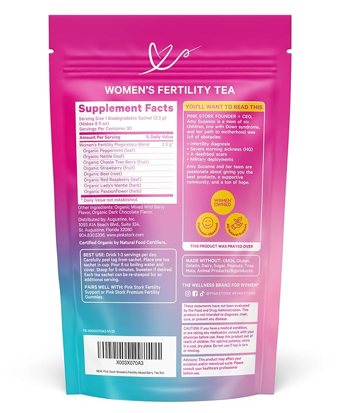 Pink Stork Organic Fertility Tea for Women with Chaste Tree Berries (Vitex) to Support Conception for Her - Hormone Balance with Mint and Red Raspberry Leaf, 15 Sachets