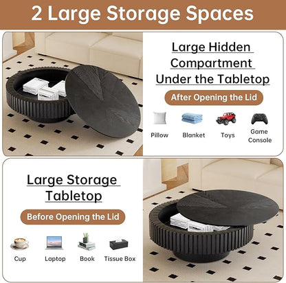 Round Coffee Table with Storage 31.4" Modern Black Fluted Coffee Table Low Round Storage Drum Pedestal Coffee Tables for Living Room Farmhouse (Black A 31.4in)