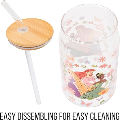 Silver Buffalo Disney Princesses Featuring Rapunzel Tangled, Ariel Little Mermaid, Tiana Princess and the Frog Spring Floral Glass Jar Tumbler with Bamboo Lid and Glass Straw, 16 Ounces
