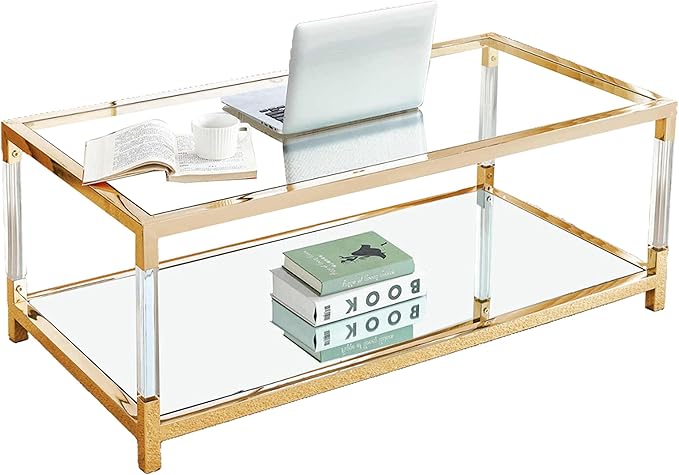 47 inch Glass Coffee Table with Gold Chrome Metal Base, 2-Tier Rectangle Clear Glass Center Table Tea Tables, Modern Coffee Table Living Room Table Cocktail Table, 47" Acrylic Center Tables