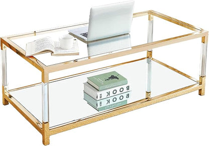 47 inch Glass Coffee Table with Gold Chrome Metal Base, 2-Tier Rectangle Clear Glass Center Table Tea Tables, Modern Coffee Table Living Room Table Cocktail Table, 47" Acrylic Center Tables