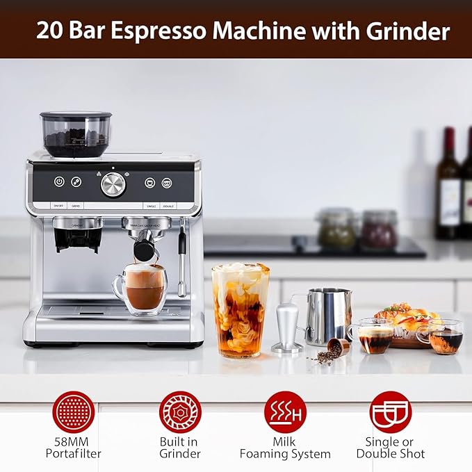 Semi-Automatic Espresso Machine - 1450W/20 Bar Professional Coffee Machine, 30 Grinder Settings, Fast Heating, Milk Frother Steam Wand, Home & Hotel Use, silver gray
