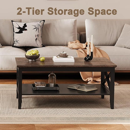ChooChoo Coffee Table, Wooden Coffee Tables with Thicker Legs, Black Coffee Table with Storage for Living Room