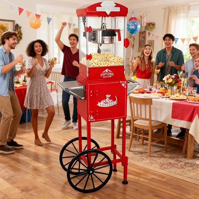 10oz Popcorn Machine with Cart, Wheels & Stainless Steel Kettle, Vintage Movie Theater Style, Popcorn Maker Machine for Parties, Events, Home & Commercial Use, Red