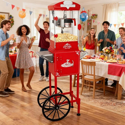 10oz Popcorn Machine with Cart, Wheels & Stainless Steel Kettle, Vintage Movie Theater Style, Popcorn Maker Machine for Parties, Events, Home & Commercial Use, Red