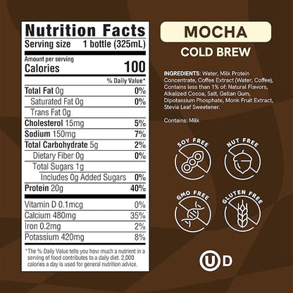 Protein Coffee - Real Cold Brew with Decadent Cocoa - 20g Ready To Drink Protein - 1g Sugar - 100 Calories - No Added Sugar, 99% Lactose Free Keto Friendly Proffee - 11 FL OZ - 12pk Mocha