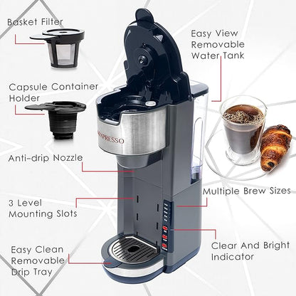 Mixpresso Gray Single Serve Coffee Brewer K-Cup Pods Compatible & Ground, 30 oz Compact Coffee Maker Single Serve With 5 Brew Sizes Up To 14 Oz, Fits Travel Mug, Adjustable Drip Tray