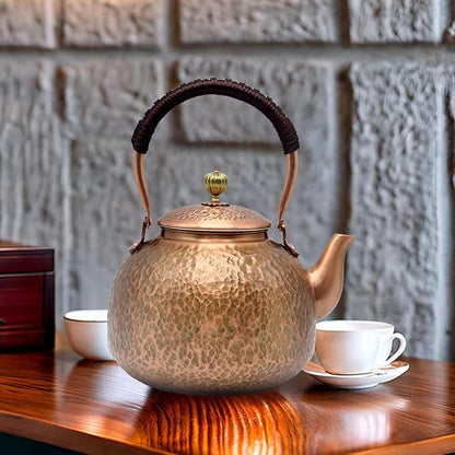 YJX Copper Tea Kettle For Stovetop, Japanese Style Non-Coating Pure Copper Teapot with Stainless Steel Infuser For Loose Tea, Large and Solid Tea Pot For 3-7 Cups (2000ml)