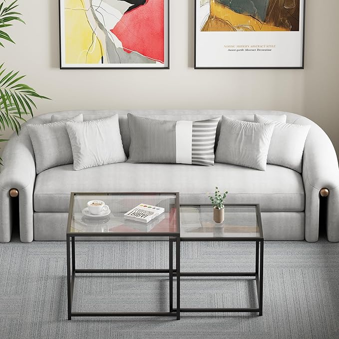 Glass Nesting Coffee Table Set of 2, Modern Minimalist Center Tables, Living Room Coffee Tables for Home, Office, Bedroom, Small Spaces, Space-Saving, Black