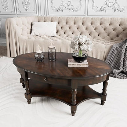 Solid Wood Oval Coffee Table with Drawer and Storage Shelf, 44.9" Traditional Retro Center Table Polished Edging Cocktail Tea Table for Living Room Bedroom Home, Vintage Walnut