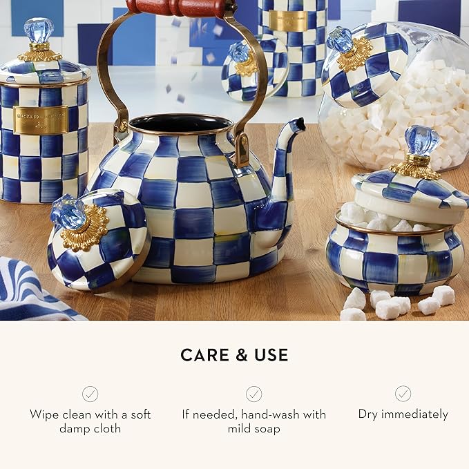 MACKENZIE-CHILDS Enamel Squashed Pot, Cute Enameled Container with Lid, 20 Ounces, Blue-and-White Royal Check