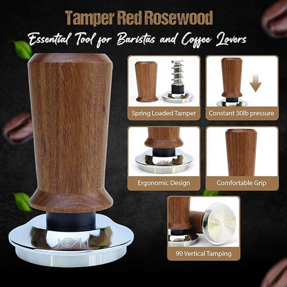 54mm Bottomless Portafilter 3 Ears Red Rosewood Handle Set – Fits 54mm Breville machines – Includes 18g Filter Basket, Updated Tamper with Constant 30lb Calibrated Spring Loaded & 1.7mm Puck Screen