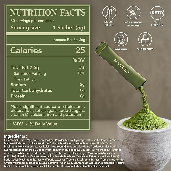 Mushroom Matcha Powder - Sugar-Free Japanese Ceremonial Green Tea with 18 Superfood Mushrooms and Hydrolyzed Collagen - Coffee Alternative Caffeine Free - 30 Sachets