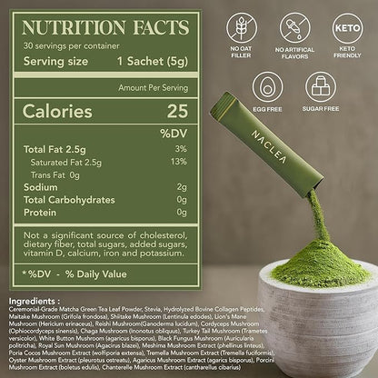 Mushroom Matcha Powder - Sugar-Free Japanese Ceremonial Green Tea with 18 Superfood Mushrooms and Hydrolyzed Collagen - Coffee Alternative Caffeine Free - 30 Sachets