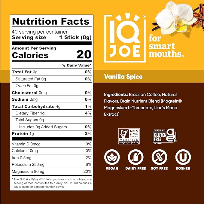 IQJOE Mushroom Coffee Packets (40 Servings) Lion’s Mane, Magtein Magnesium, Antioxidants, Adaptogens - Vanilla Spice - Instant Coffee for Focus, Clarity, Mood, Energy Boost - Sugar Free, Keto, Vegan