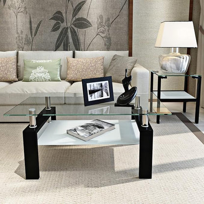 Glass Coffee Table for Living Room, 2 Layer Center Table with Clear Rectangle Tempered Glass Top Black Metal Leg, Mordern Home Office Furniture