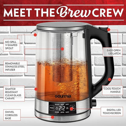 Gourmia Programmable Digital Glass Kettle – 1.7L Adjustable Temperature Electric Kettle with 6 Presets, Keep Warm, Stainless Steel Tea Infuser, 360° Swivel Base, Black