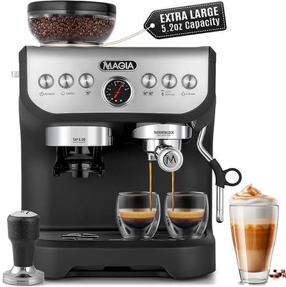 Zulay Kitchen Magia Manual Espresso Machine with Grinder and Milk Frother - 15 Bar Pressure Pump Cappuccino Machine - Latte Machine - & Extra Large 2L Removable Water Tank