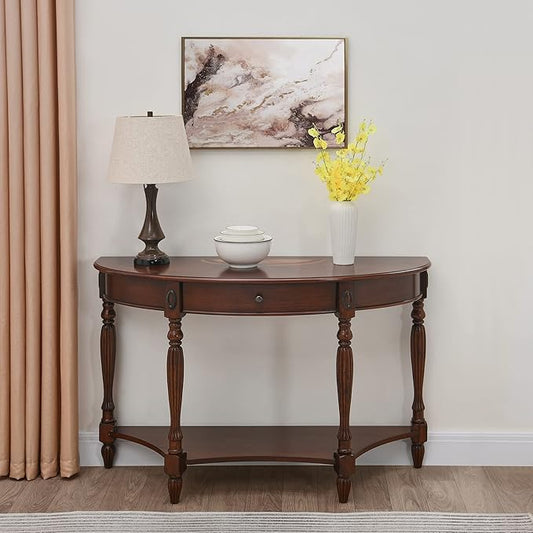 Solid Wood Oval Console Table with Drawer and Storage Shelf, Traditional Vintage Semi-Circle Entryway Table Polished Edging Half-Moon Narrow Table for Living Room Hallway Home, Cherry Walnut