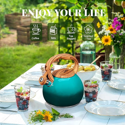 GGC Tea Kettle for Stove Top, 3.1QT/3L Whistling Tea Kettles for Boiling Water Coffee or Milk, Gradient Green Tea Pot with Wood Parttern Handle, Stainless Steel Tea Pot for Home and Kitchen