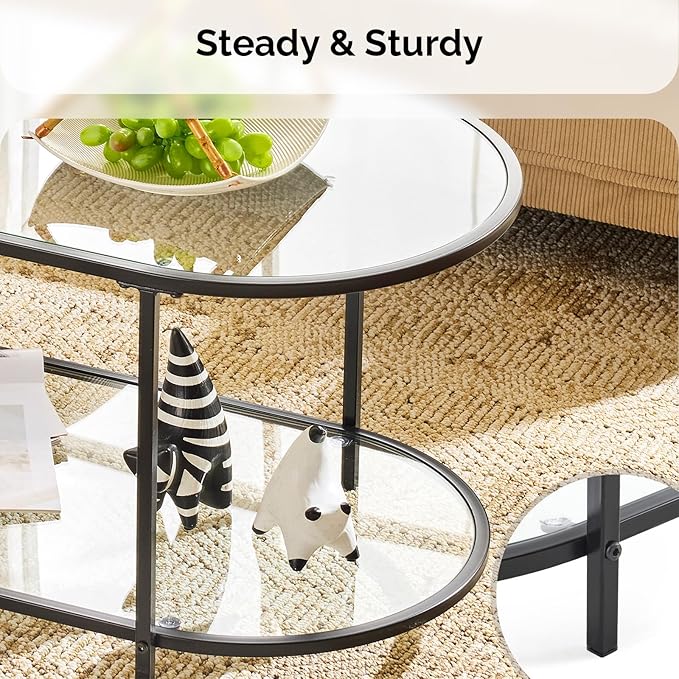 VINGLI Glass Coffee Table, 38" Oval Coffe Table for Home Decor, Modern Tea Table with 2-Tier Storage, Skinny Coffee Tables for Living Room, Office, Small Space, Black