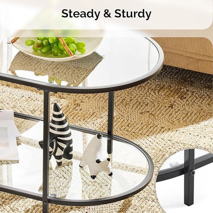 VINGLI Glass Coffee Table, 38" Oval Coffe Table for Home Decor, Modern Tea Table with 2-Tier Storage, Skinny Coffee Tables for Living Room, Office, Small Space, Black