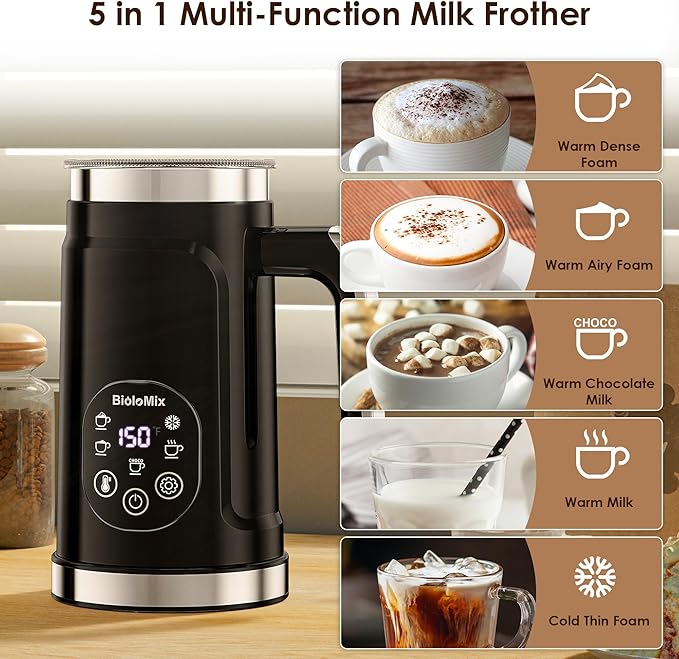 BioloMix Electric Milk Frother 4 in 1 Automatic Hot and Cold Milk Frother Warmer for Milk Latte Foam Maker Hot Chocolates Cappuccino (Black)