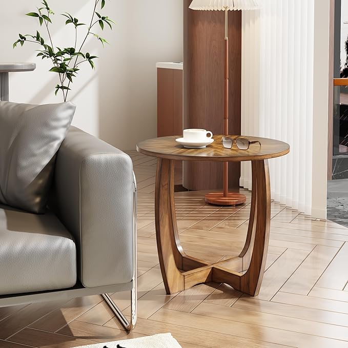 Large Round End Side Table with Cross Wood Leg, Mid Century Sofa Side Tables with soild wood, Walnut Side end Table, Telephone Tabless for Living Room, 23.6" D,Easy Assembly, Rustic Brown CJZ3223