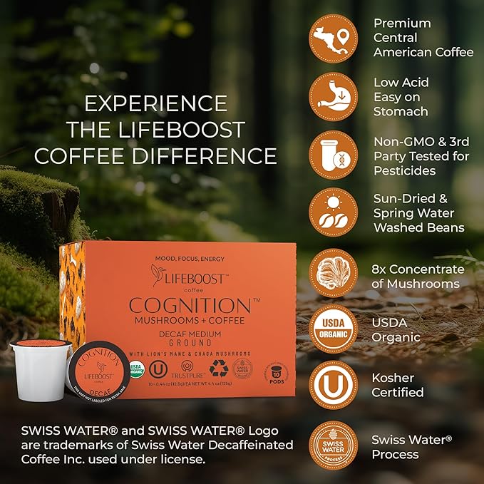 Lifeboost Cognition Decaf Mushroom Coffee Pods – Organic Low Acid Decaf K-Cups with Lion’s Mane & Chaga Adaptogens – Nootropic Coffee for Focus, Energy & Immune Support – 10 Count